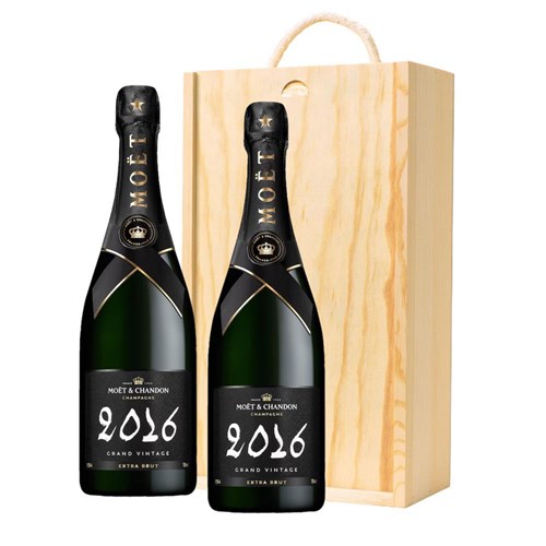 Moet & Chandon Grand Vintage 2016 Extra Brut Champagne 75cl Double Pine Wooden Gift Boxed (2x75cl)